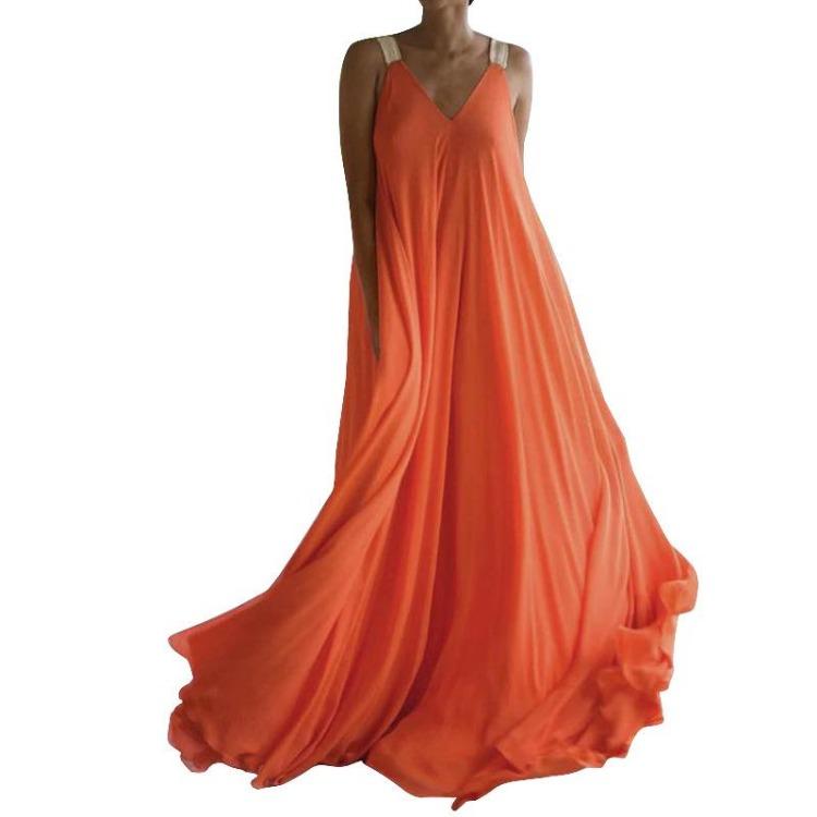 Bohemian Maxi Dress Orange V Neck 2025 Summer Large Size Suspender Style