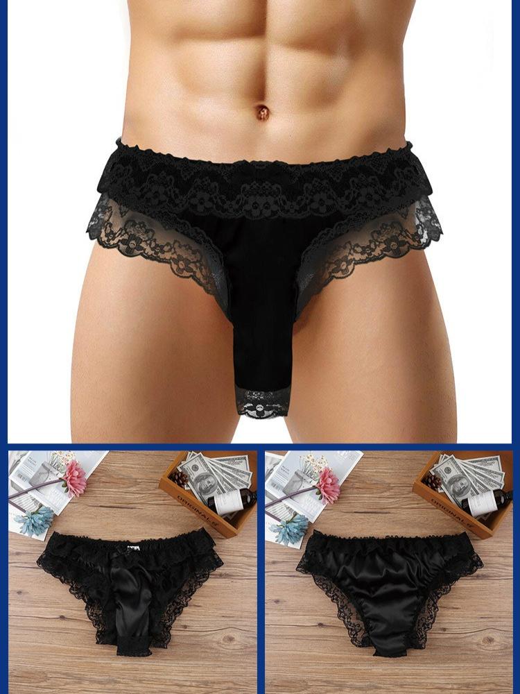 Mens Satin Panties Frilly Lace Trim Sissy Panties Sexy Open Elephant Nose Lingerie Crossdressers Underwear Maid Cosplay Briefs