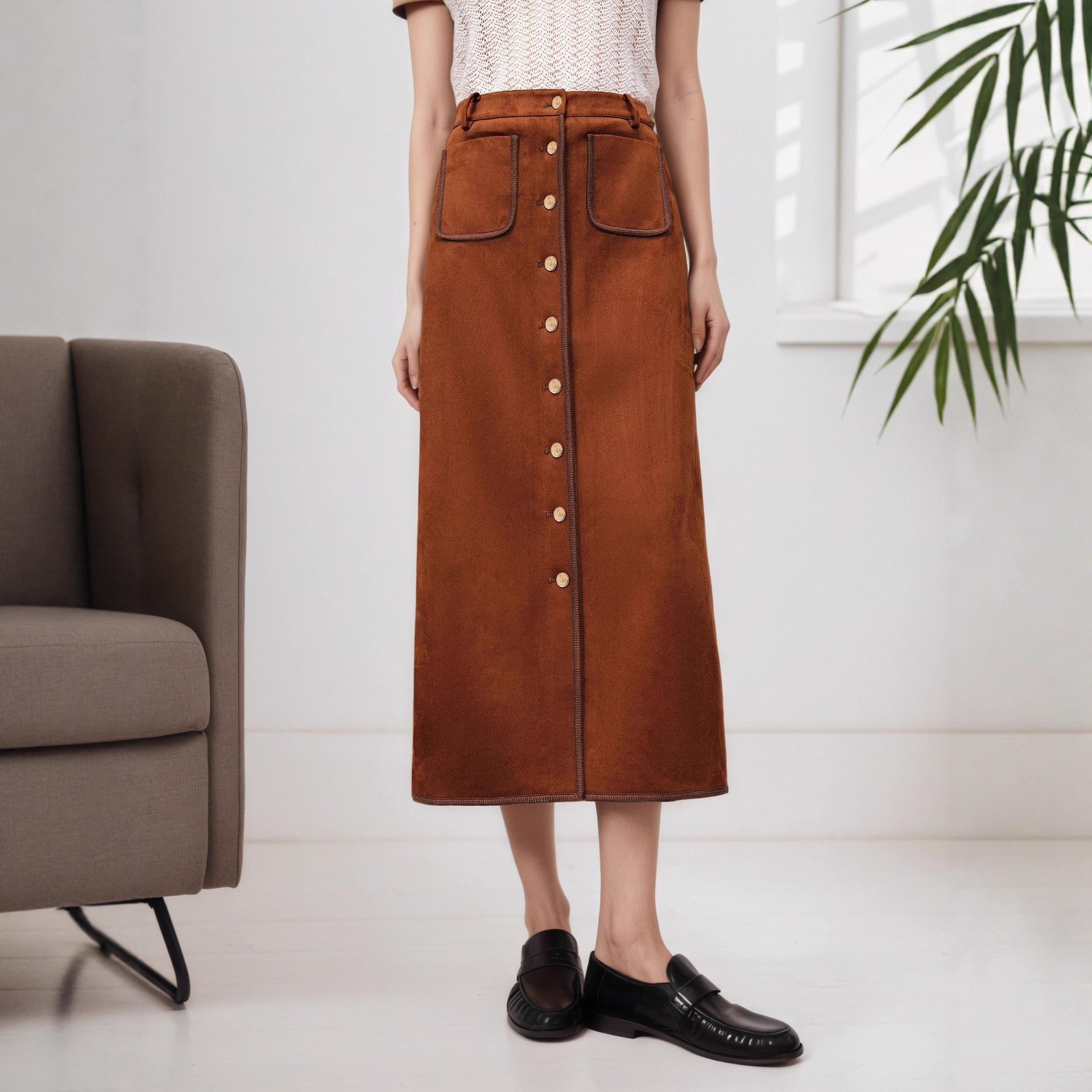 European and American women s clothing retro suede single-breasted high-waisted fashion classic skirt autumn and winter skirt S