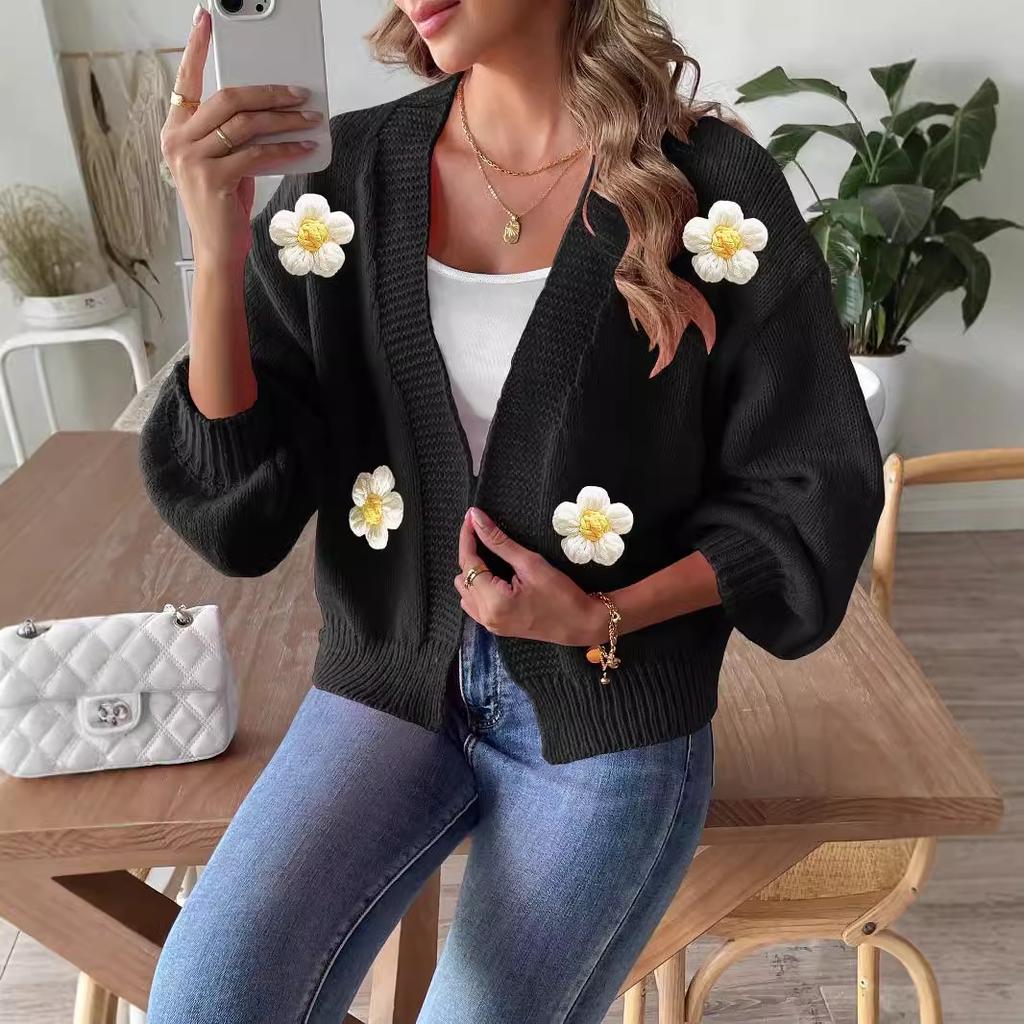 Damen Grobstrick Offene Vorderseite Cardigan mit 3D Blumen Applikationen Langarm Lässig Locker Sitzender Pullover
