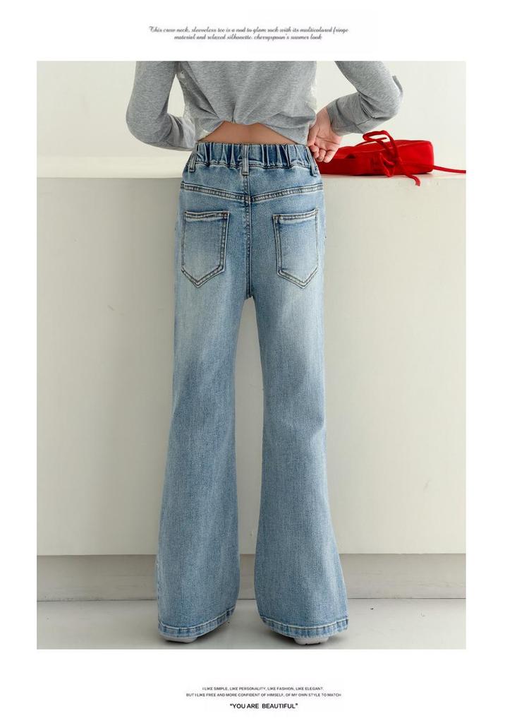 Girls' Rhinestone Distressed High-Waist Flare Jeans with Star Design - Autumn 2026 Collection for Kids