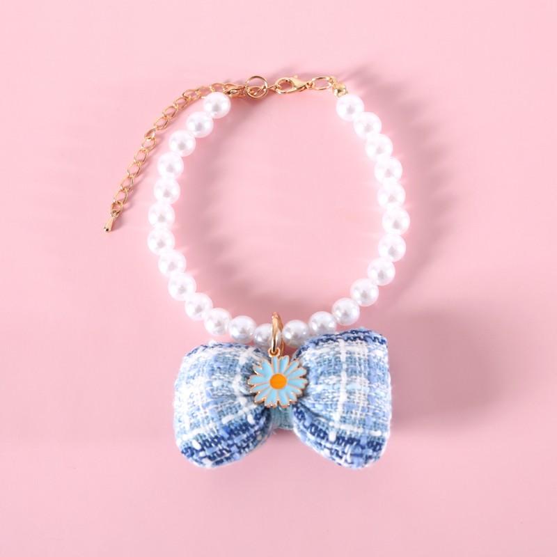 Adjustable Pet Necklace With Pearl Grid Bow Pendant Floral Daisy Design Dogs Cats Princess Birthday Accessory