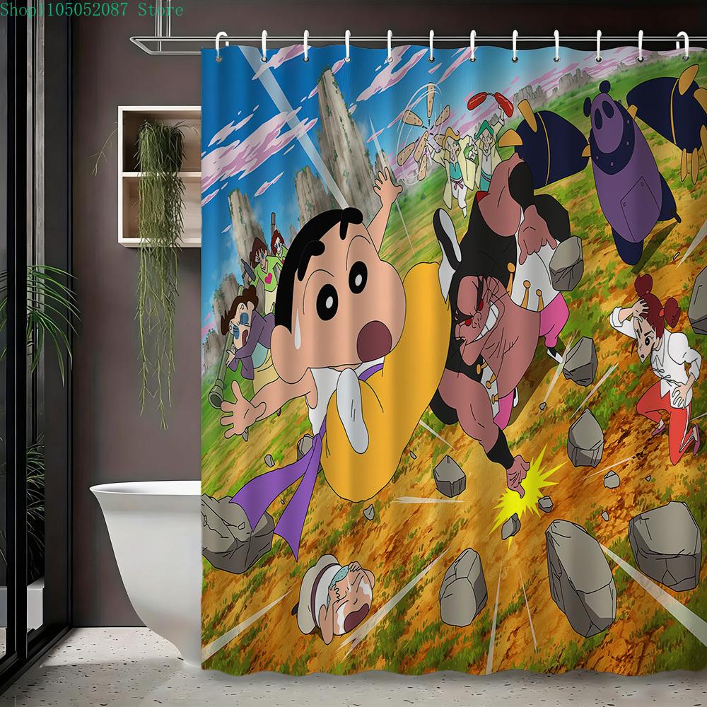 Crayon Shin-Chan & Himawari Superhero Press Conference Scene 2D Print Waterproof Shower Curtain, Blue Cityscape Bathroom Decor W