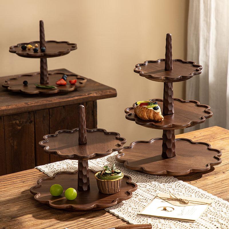 Wooden dessert coffee cake plate Japanese solid wood tray high appearance level lace household fruit plate for holiday