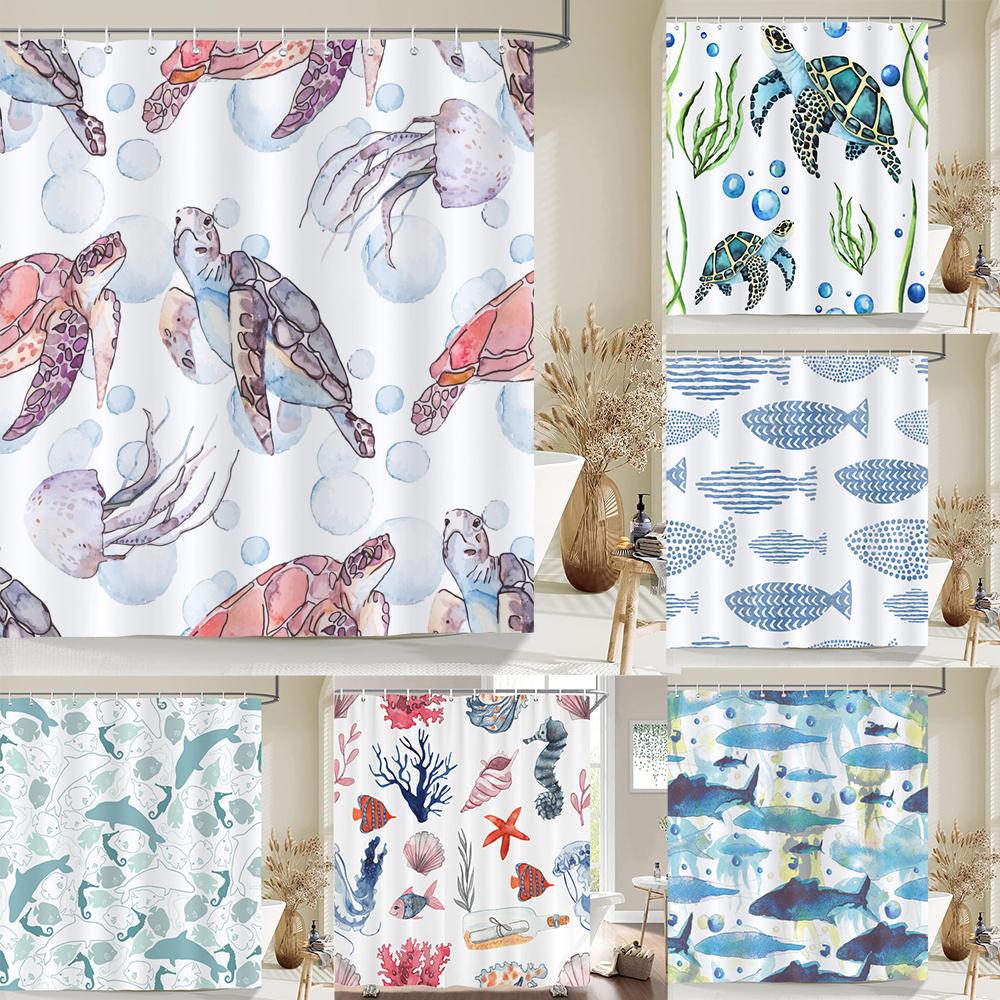 1 Pack Cartoon Turtle,Dolphin,Whale Printing Shower Curtain Partition Bathroom Curtain With Hooks Home Decorative Curtain