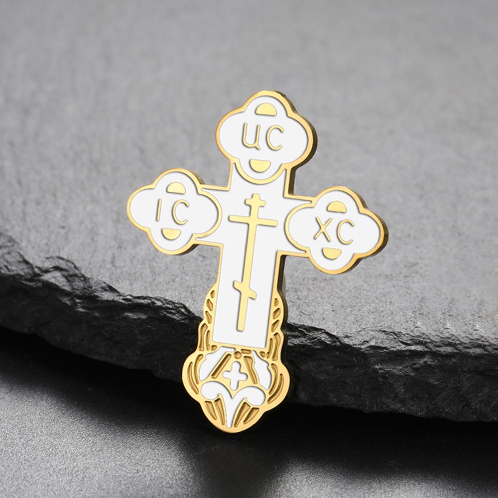 Dawapara Orthodox Cross Brooch Pins Russian Eastern Church Brooch Multicolor Enamel Religious Prayer Jewelry Stainless Steel