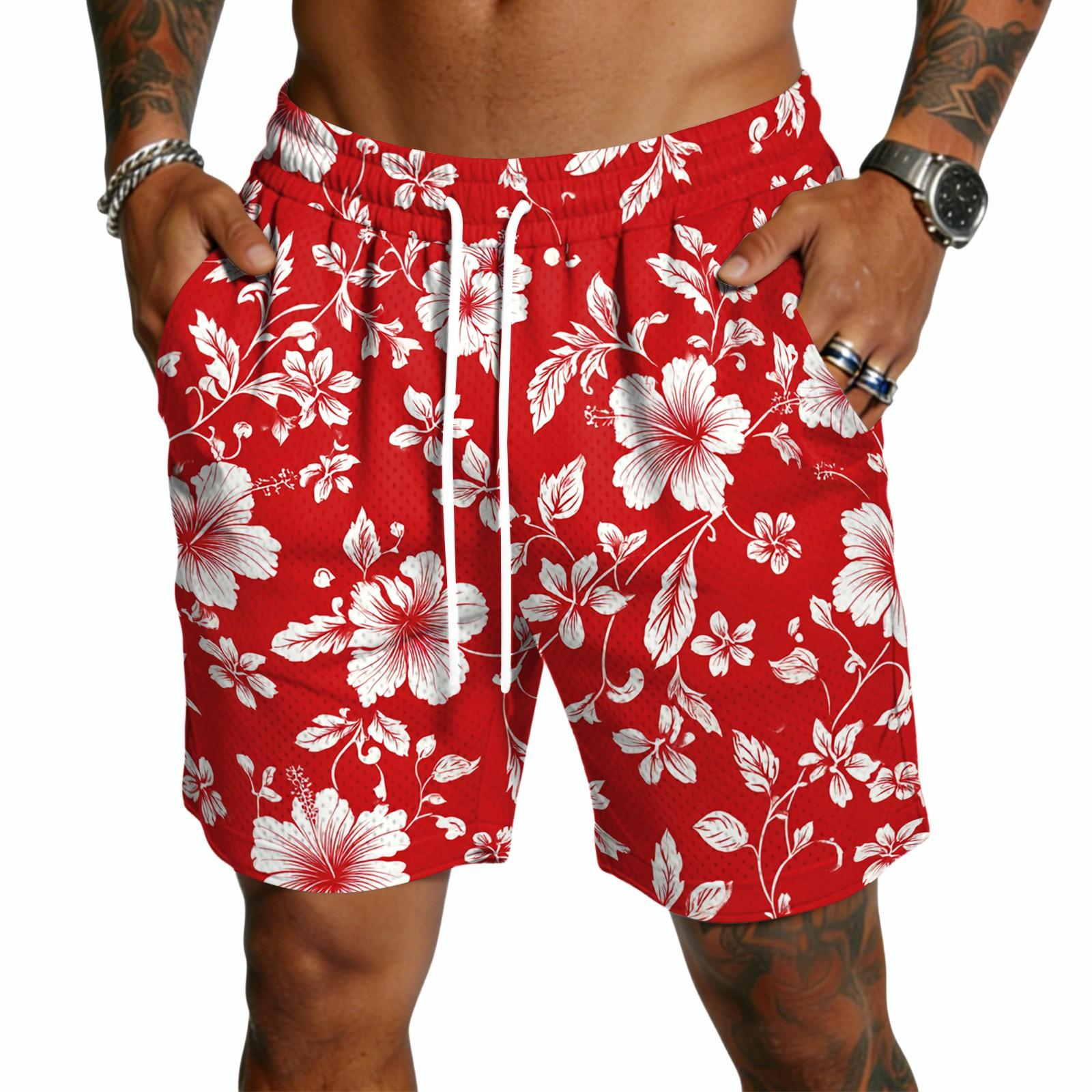 HongF Lichte Heren Casual Shorts met Trekkoord Sneldrogend Binnenbeenlengte Vijf Inch Elastische Tailleband Hawa&iuml;aans Printontwerp voor Buitenactiviteiten L wit