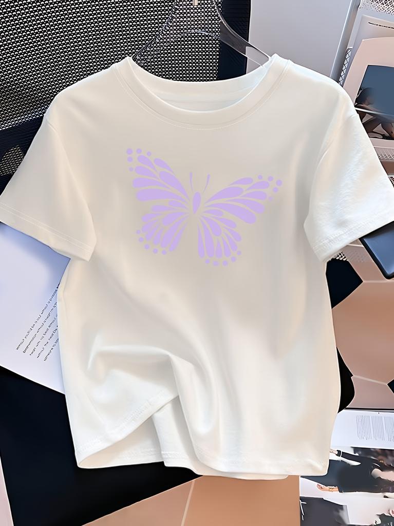 Unisexs Casual Elegant Purple Butterfly Print Crew Neck Tshirt Versatile Casual Wear Simple Fashion Tops Casual Wear Retro Y2k