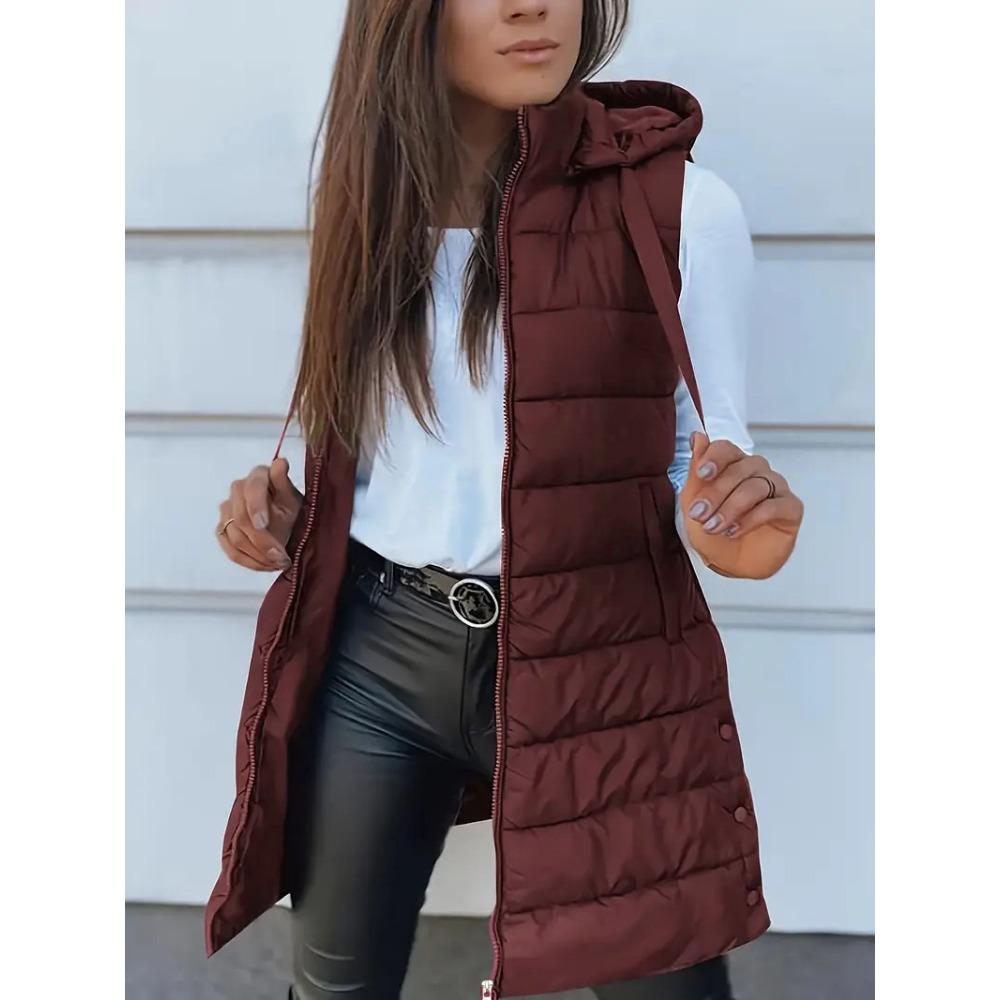 Autumn Winter Solid Color Hooded Zip Cotton Vest Women Mid-Length Plus Size Padded Gilet Coat
