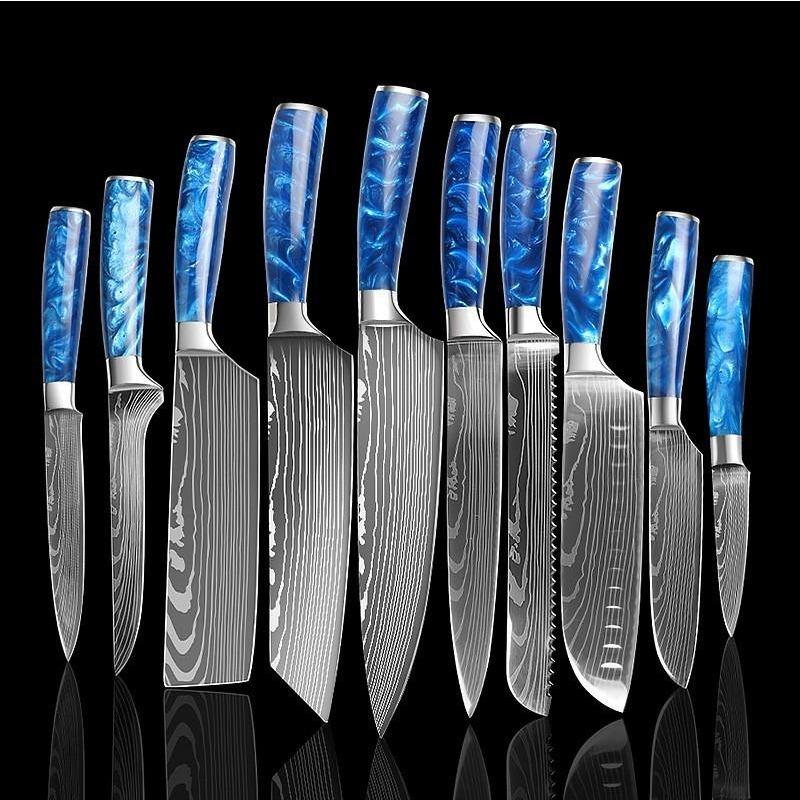 10PCS Kitchen Knives Japanese Santoku Damascus Laser 7CR17 440C Stainless Steel Utility Cleaver Slicing Chef Knife Kitchen Tool