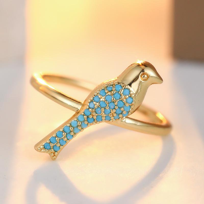 Vintage Inlaid Imitation Turquoise Women's Ring Ethnic Gold Color Hand Carving Bird Daily Wear Party Jewelry Anniversary Gift