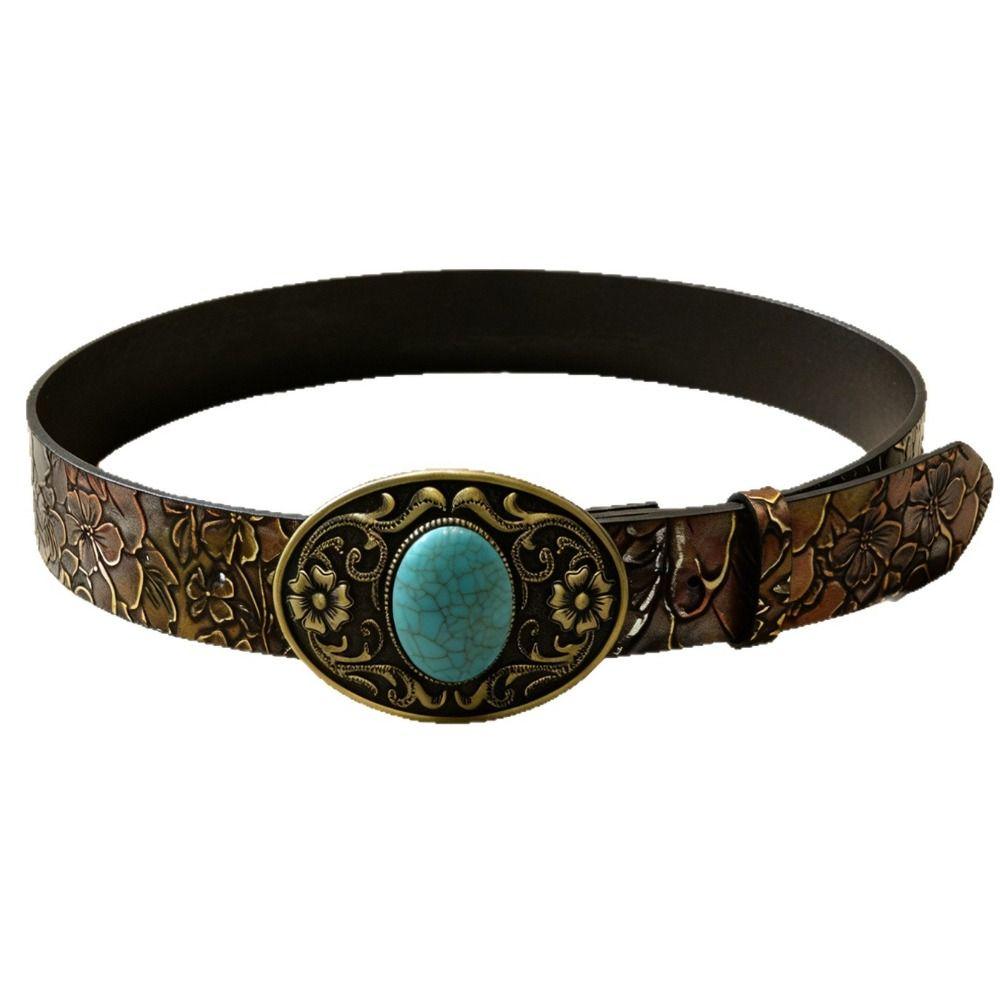 Antique Bronze Buckle Western Cowgirl Belt PU Leather Floral Embossed Belt  Outfit Decoration
