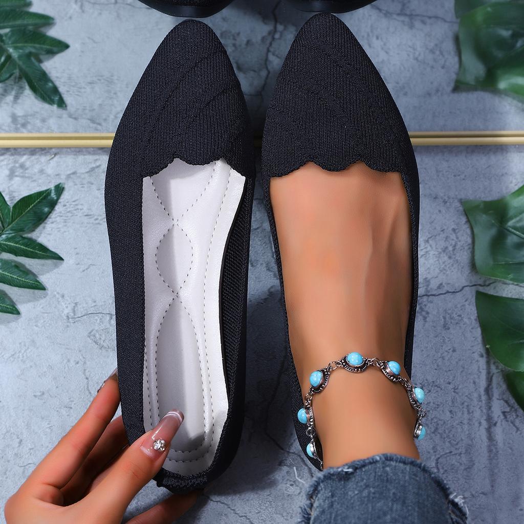 Fashion Women's Casual Flat Knitted Hollow Out Work Shoes Pure Color Pointed Toe Breathable Slip-On Shoes Comfortable Summer Shoes