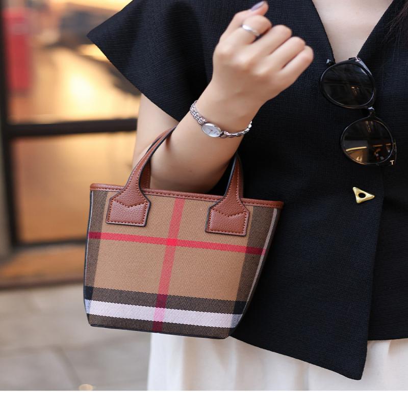Vertical Square Bag Women Canvas Plaid Leather Handbag Shoulder Crossbody Bag Casual Commuter Tote Dark Brown