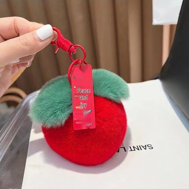 Persimmon Rex Rabbit Fur Keychain Pendant - Plush Good Luck Bag Charm for Couples