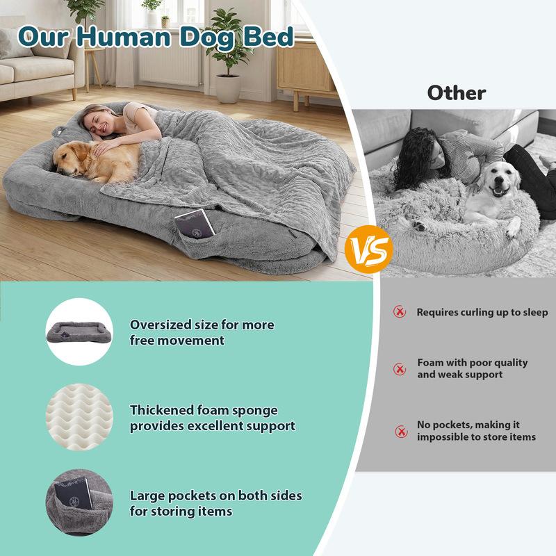 Portable Human Dog Bed Washable Large Size Non Slip Bottom Comfortable Plush Giant Size Dog Bed with Blanket and Pocket for Home