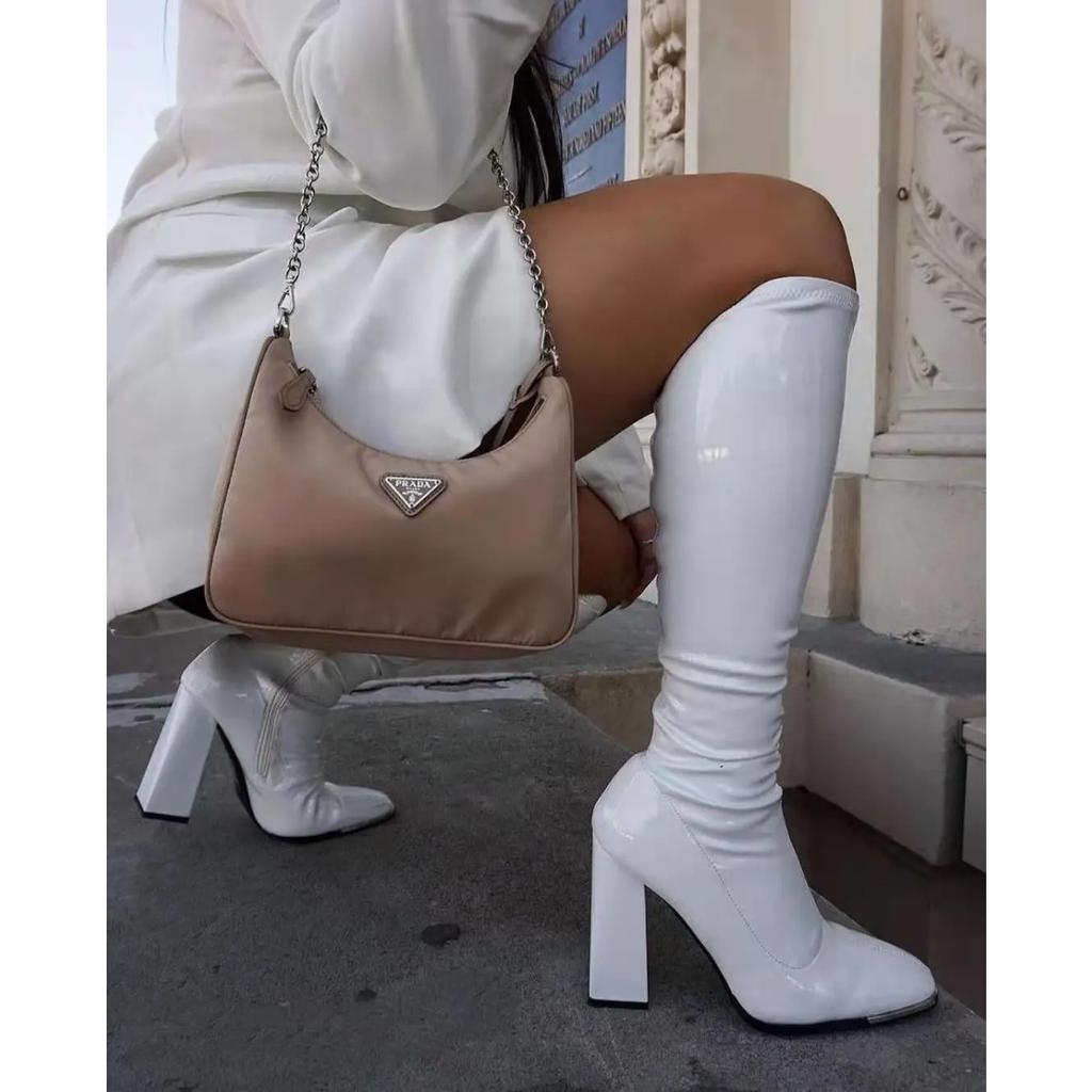 Dámské kozačky se čtvercovým podpatkem Vysoké ke kolenům Klasické kozačky se čtvercovou špičkou PU Kožené kozačky na zip Společenské šaty Taneční boty Botas De Mujer