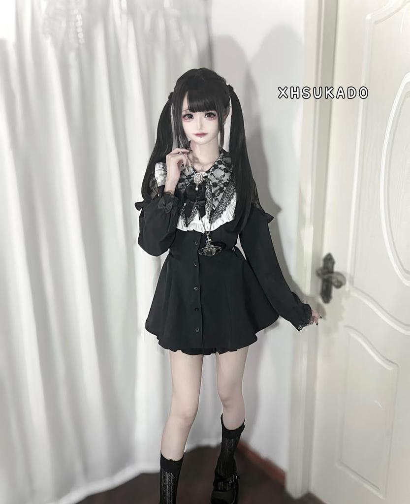 Söt Klänning med Långa Ärmar, Avtagbar Rosett och Rutig Lolita Lager-på-Lager Perfekt för och Snygg Studentelev Storlek [XHSUKADO] Dambrosch, Volanger, Spets,