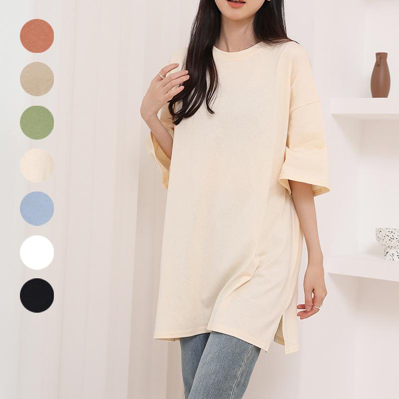 

Summer Pure Cotton T-shirt Side Slit Casual Loose Mid-length Top Short Sleeves XL