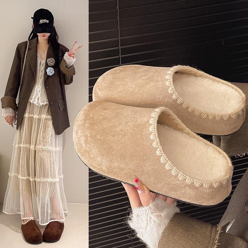 Outer Wear Lace Thick-soled Cotton Slippers Autumn and Winter Velvet New Niche Bag Head Half Slippers Women's Slippers Women's Slippers