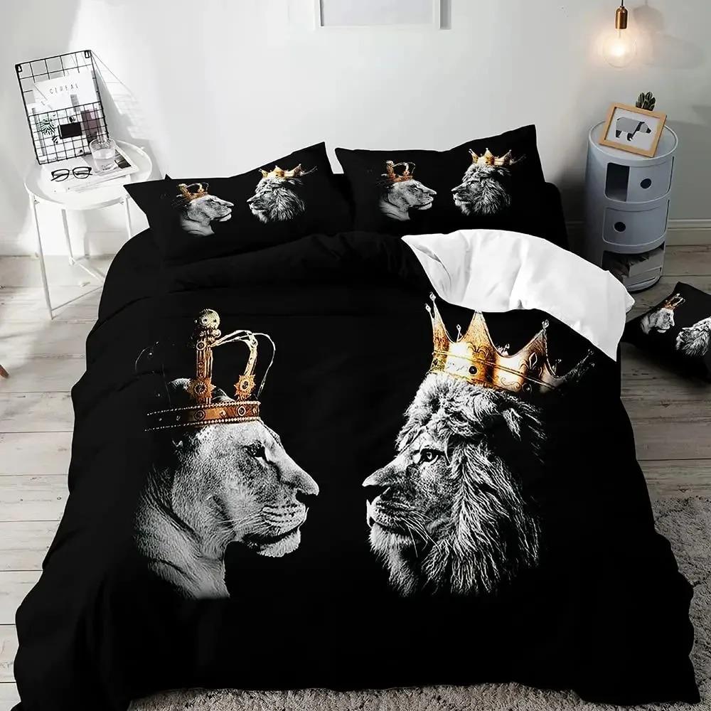 Lion Duvet Cover Set KingAfrican Safari Animal Black Bedding SetCouples Comforter CoverQuilt CoverRomantic Lion Couple Gifts
