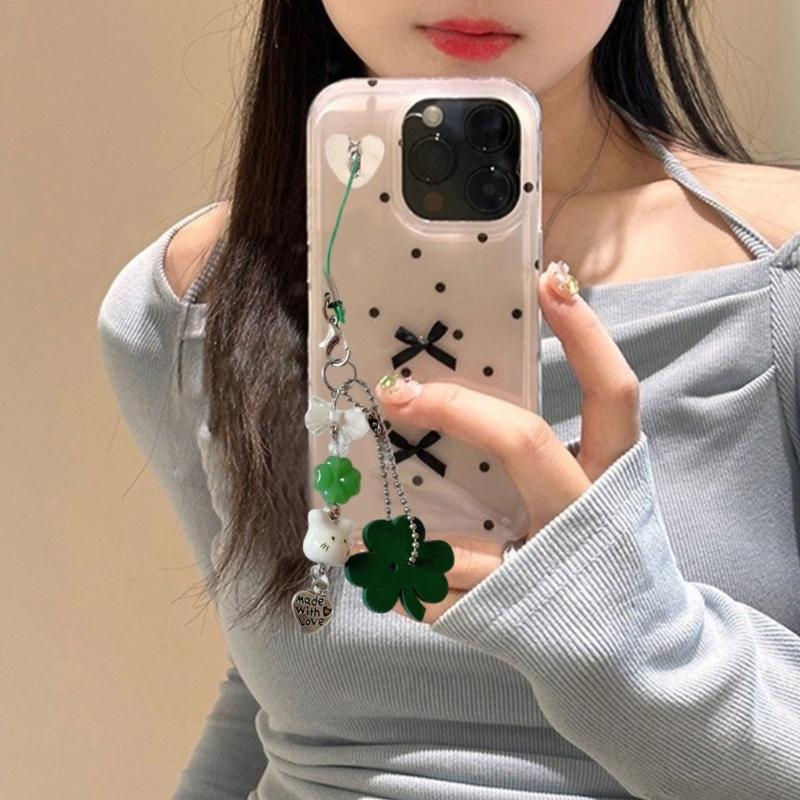 Lucky Four Leaf Clovers Phone Charm with Cute Rabbit Design Unique Fashion Accessory for Women and Students