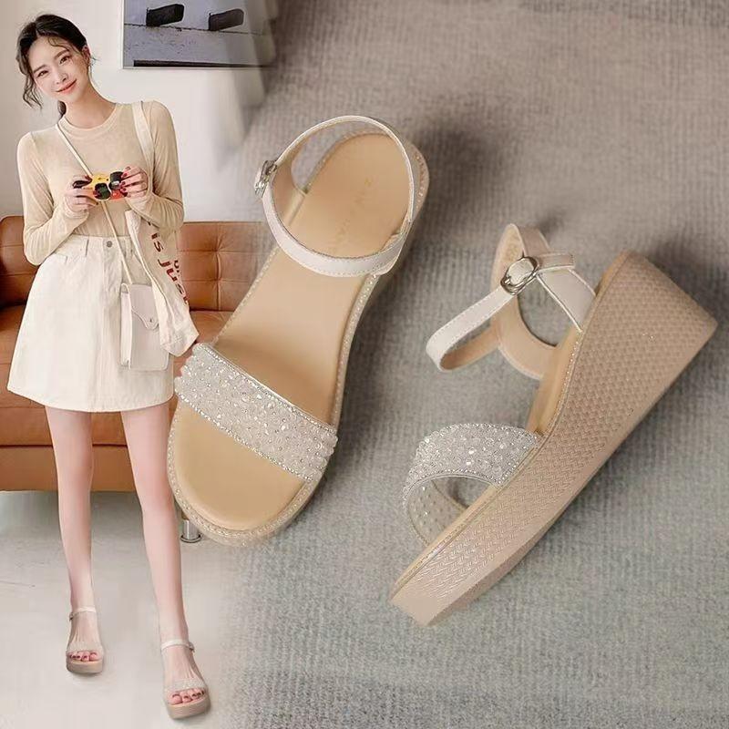

Wedge heel sandals women s 2025 new summer wear thick sole not tired foot muffin rhinestone with skirt high heel women s shoes 35