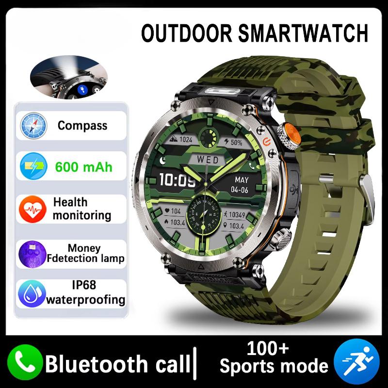 New 5ATM Waterproof Smart Watch Men 600mAh Outdoor SmartWatch GPS Compass Heart Rate LED Flashlight Bluetooth Call Sports Smartwatch