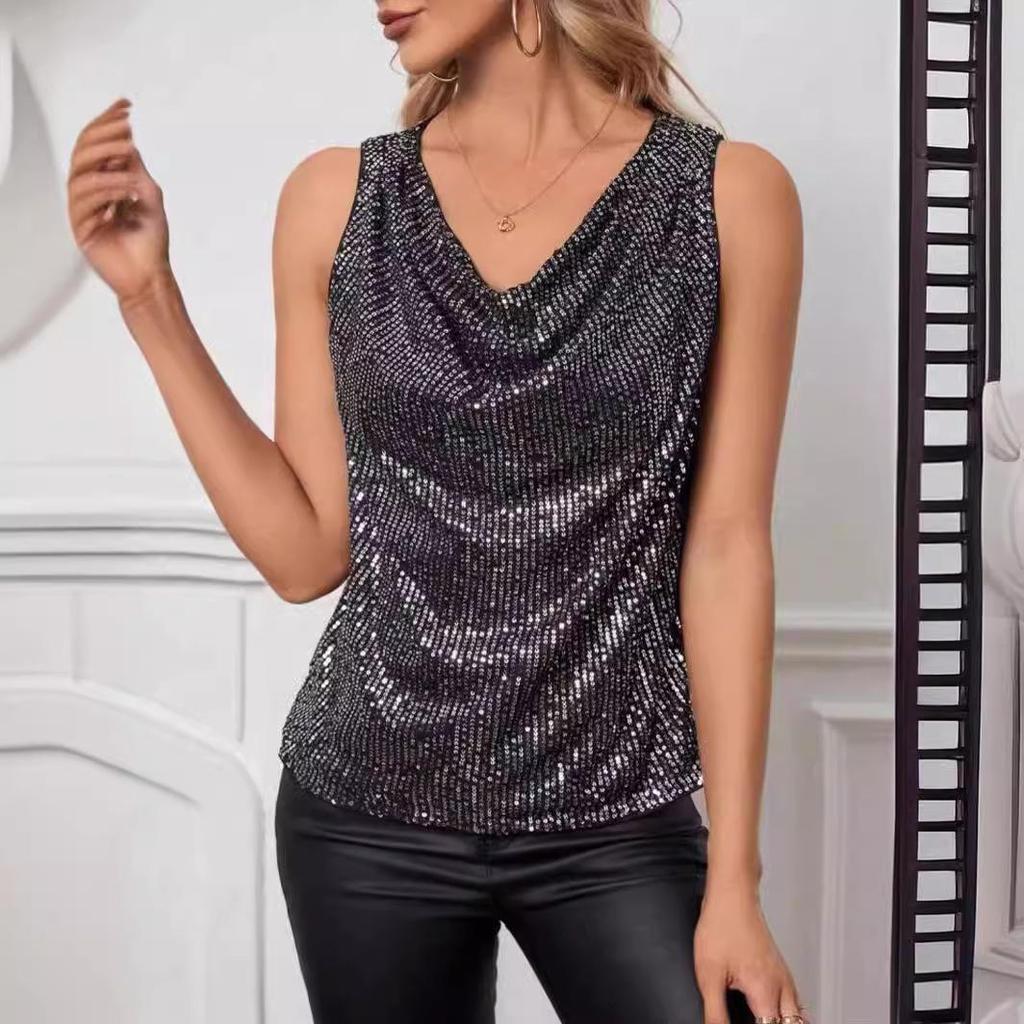 V-Neck Sequin Loose Pullover Tube Top - Sexy Fashion Short Vest for Women
