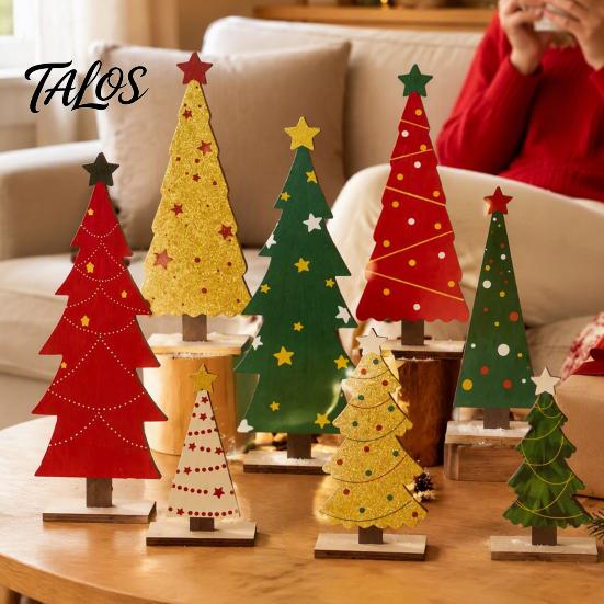 Desktop Christmas Tree 8Pcs Table Sign Set, Rustic Wooden Xmas Tiered Tray Decoration Sign, Mini Tabletop Centerpiece, Winter Holiday Party
