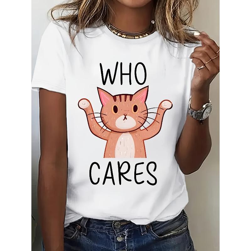 

European size Women S Casual Crew Neck T-Shirt with Cute Cat Graphic - Who Cares Design, Short Sleeve, Lightweight for Spring & Summer 4XL