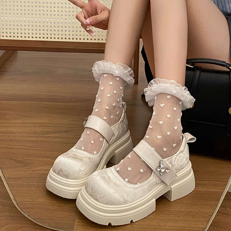 Thick-soled heightening embroidered Mary Jane shoes women's 2025 summer new with skirt sweet round head versatile small leather shoes