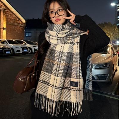 Autumn and Winter High-end Temperament Blue Plaid Scarf Large Size When Shawl Thickened Warm Versatile Scarf