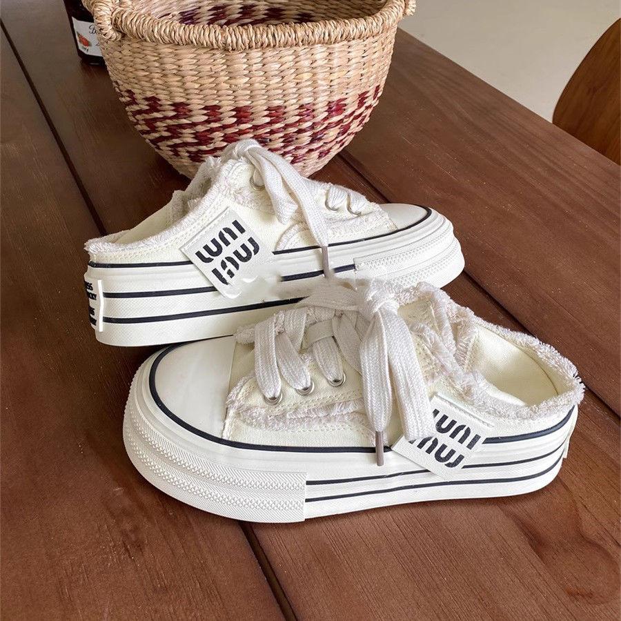 Summer New Canvas Shoes Half Drag Women's Outer Shoes Casual Board Shoes Two Wear One Pedal White Shoes