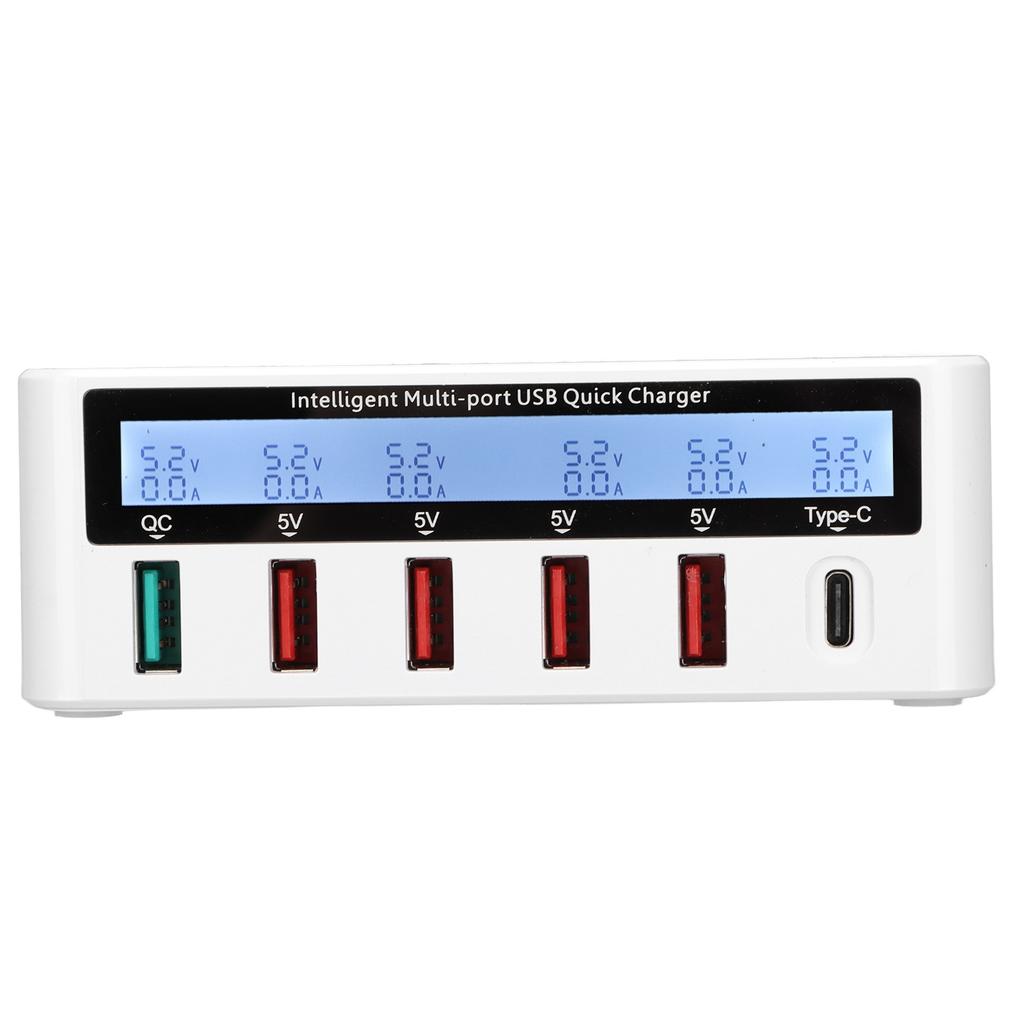 USB Phone Charging Station Block 40W 6 Port QC 3.0 Charging Hub Wireless Charging Base with LCD