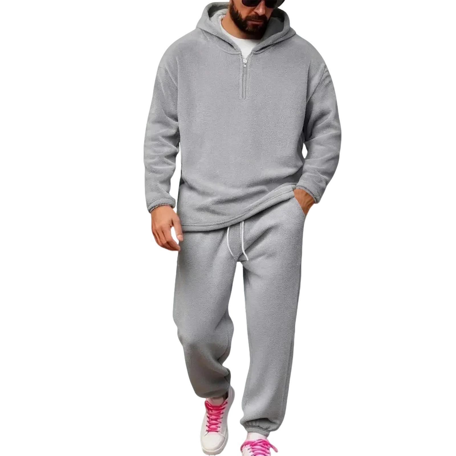 

Men s Fashion Warm Hooded Sweatshirt Solid Color Wool Sweatpants Sports Casual Two-Piece Set XL