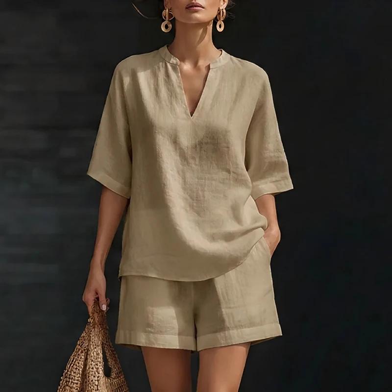 

Casual Two Piece Set for Women V Neck Half Sleeve Loose Top and High Waist Shorts Summer Breathable Comfort Outfit for Dai L хакі
