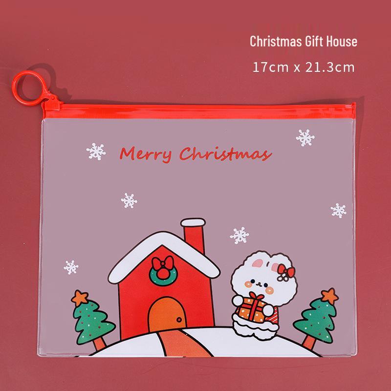 

Cartoon Christmas Heart Zipper Ring Binder - Transparent Stationery Storage Bag 17cm x 21.3cm