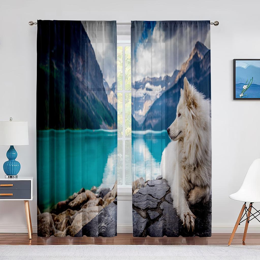 Doi Câini Samoyed Drăguți în Zăpadă Perdele Tulle pentru Decor Living Dormitor Bucătărie Perdea Voal Transparent Modern Draperii Fereastră