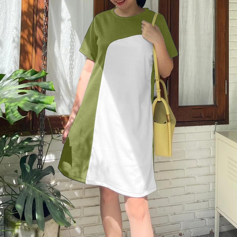 

ZANZEA Women Casual Round Neck Short Sleeve Patchwork Dress 5XL зелений