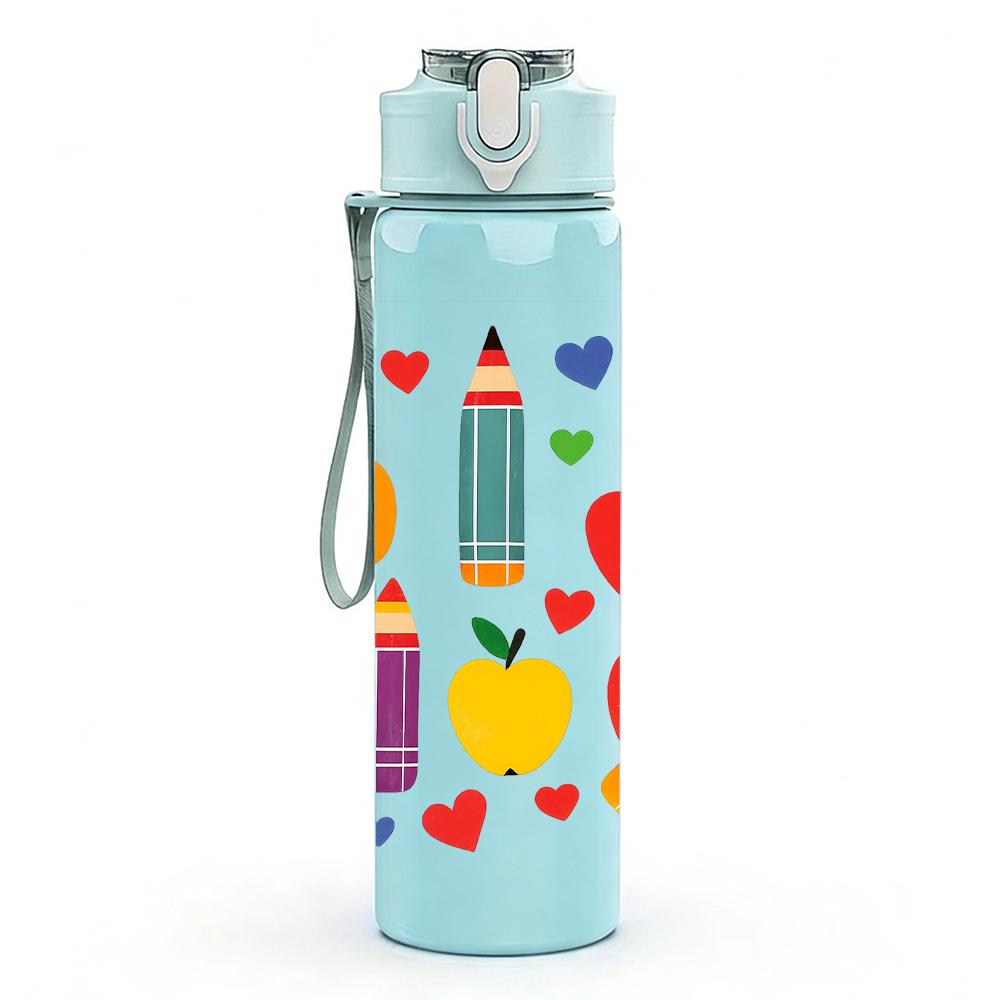 1PC Heart Pencil Fruit Layout 750ml Color Plastic Sports Water Bottle Leakproof Flip Straw Lid For Sports Office Home Use