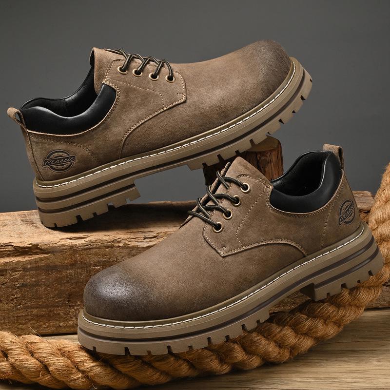 Men's Retro Pigskin Large Size Low-Top Martin Boots - Korean Style Casual Thick Sole Outdoor Workwear Shoes
