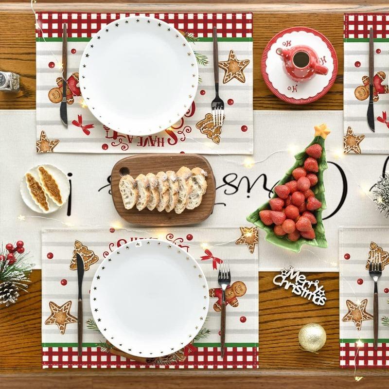 4Pcs Placemats & Coasters Set Christmas Santa Robin Snowman Reindeer Dinner Mats