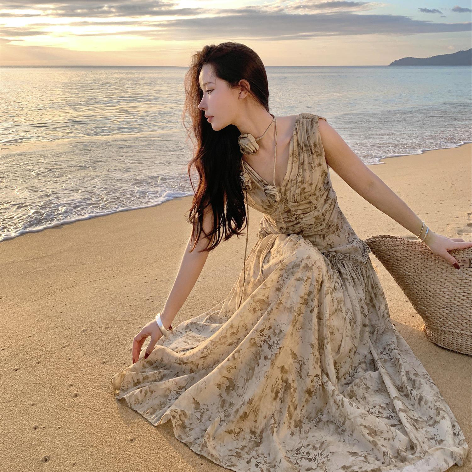 

Женское летнее платье с французским принтом и плиссированным воротником - Приталенное ретро длинное платье Large