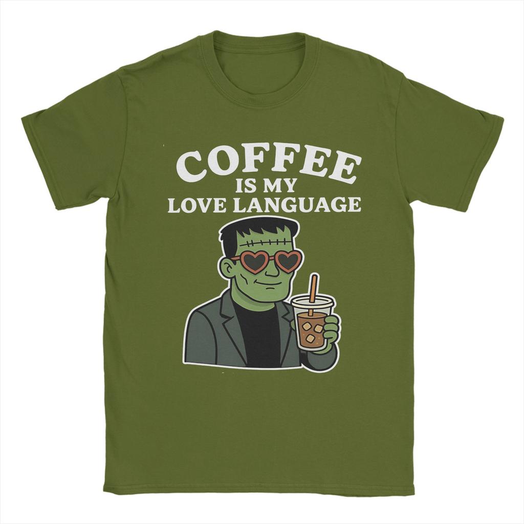 Priting Frankenstein Monster Love Coffee T-Shirt Men's Cotton Short Sleeve Round Neck Summer Clothing
