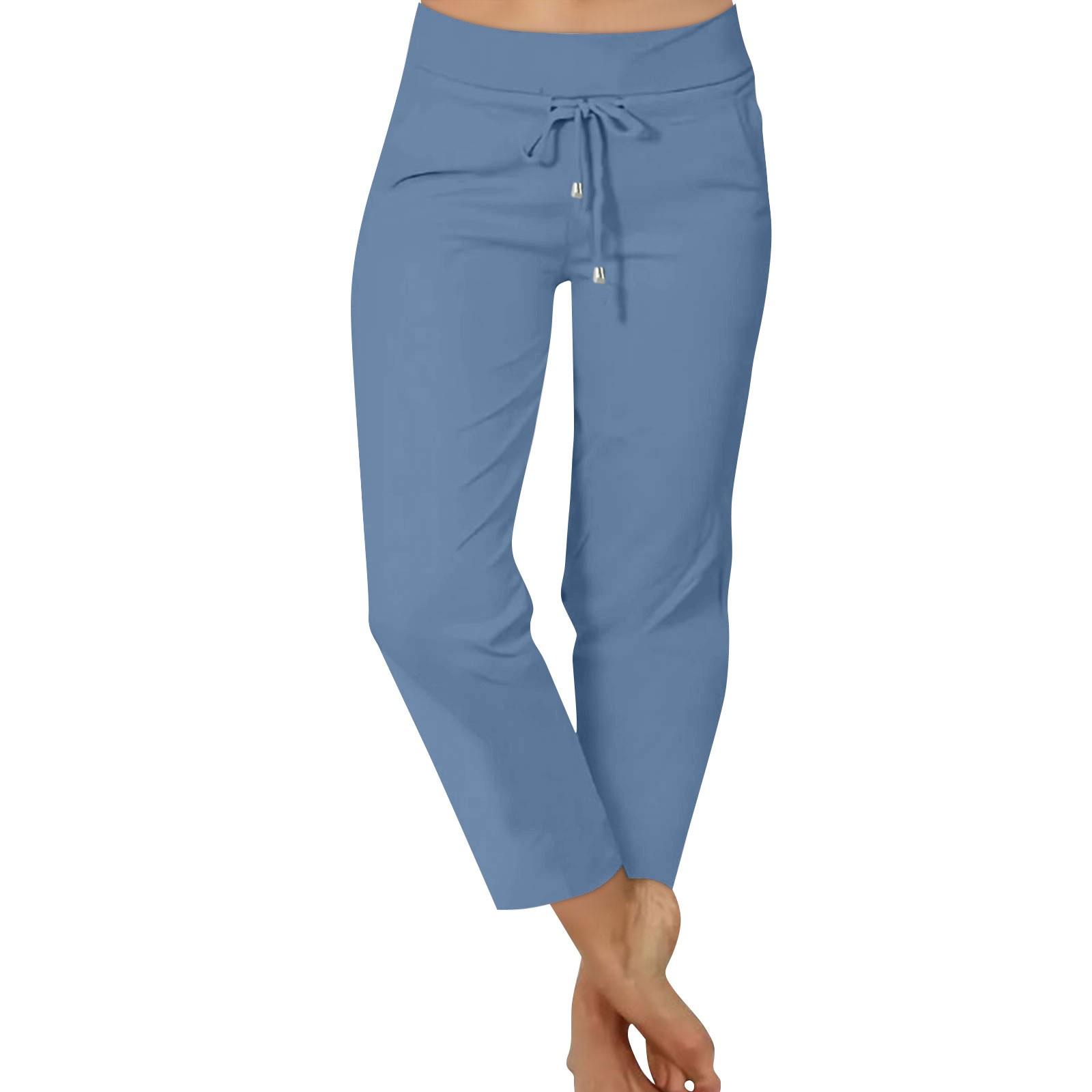 

Женские однотонные повседневные брюки с эластичной резинкой на талии и высокой талией, брюки 9/10, спортивные повседневные брюки S синий