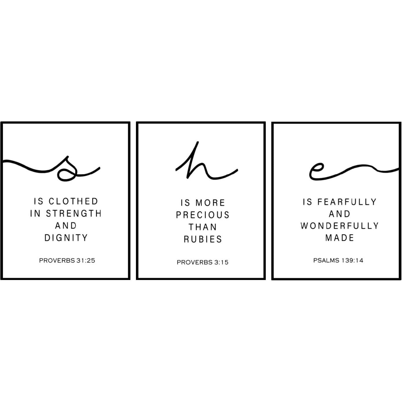 Set of 3 pirational Quotes Art Prints - Empowering Women - Proverbs 31:25, Proverbs 3:15, Psalms 139:14 - Modern Wall Art for Home Decor - 11x14 8x10inches