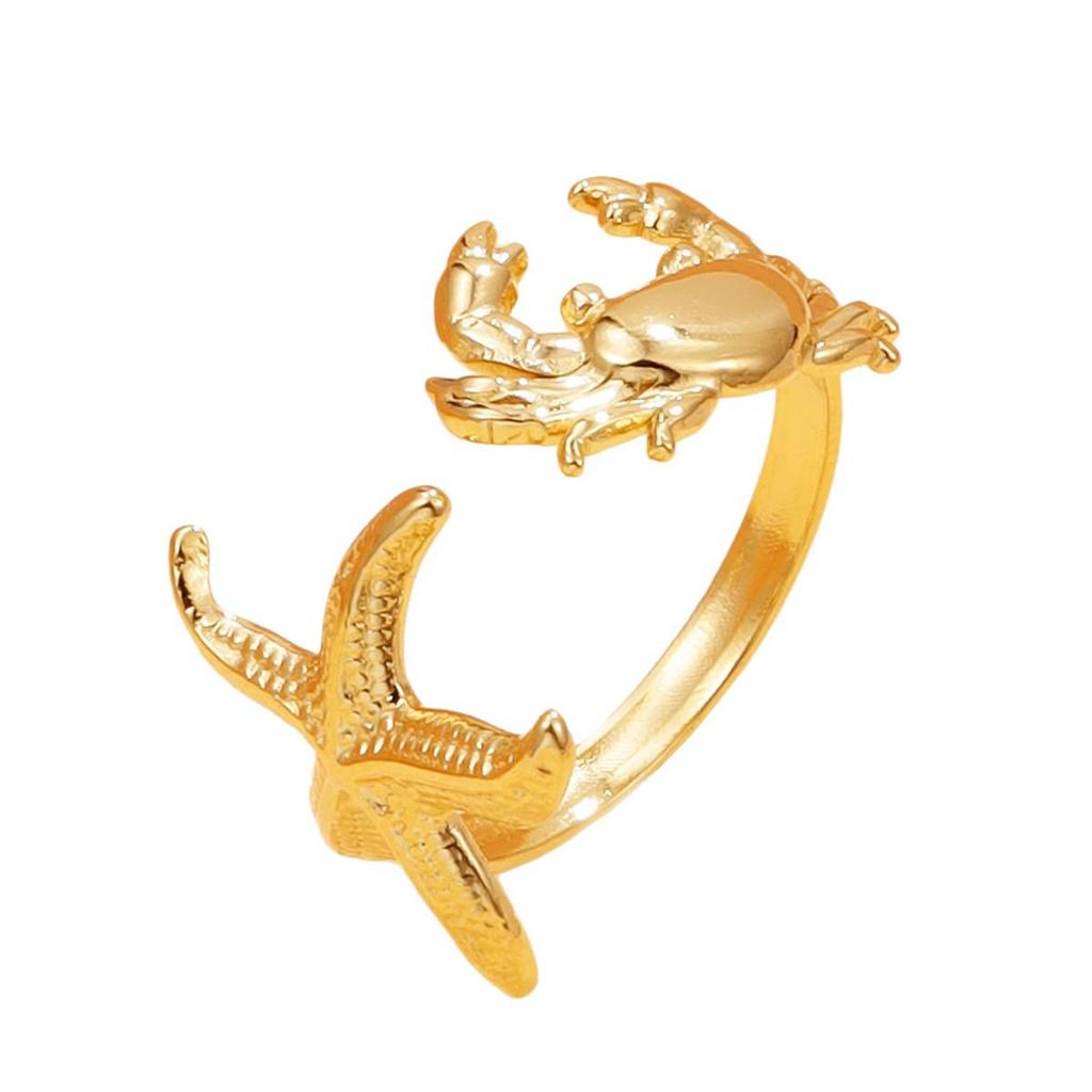 European & American 18K Gold-Plated Stainless Steel Starfish & Crab Resort Ring