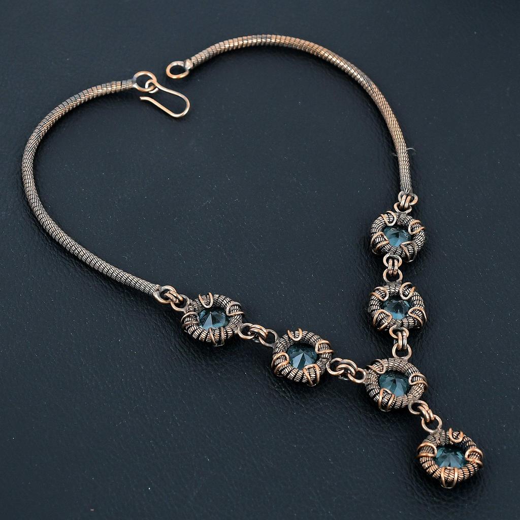Aquamarine Necklace Handmade Jewelry, 999 Copper Wire Wrapped Necklace Designer Gemstone Jewelry Adjustable Chain Necklace Gift For Mom