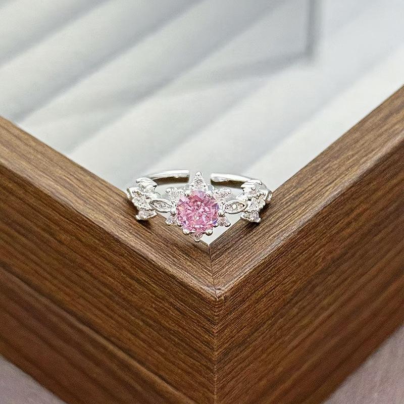 Light Luxury Sweet Cool Pink Cute Full Diamond Zir*****Pening Adjustable Ring Niche Design High-End Ring Woman